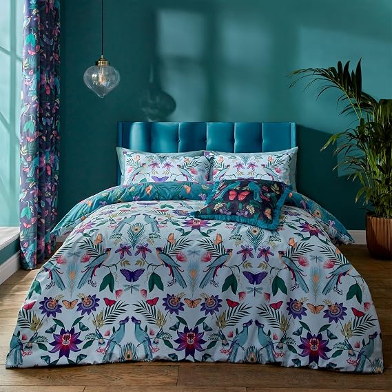 Catherine Lansfield Mya Tropical Floral Reversible King Duvet Cover Set with Pillowcases Duck egg Blue