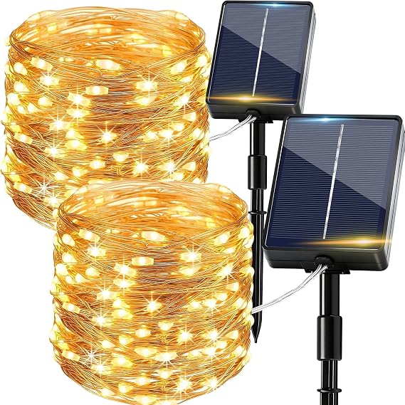 Solar String Lights Outdoor Garden, 2Pack 12M/39FT 120 LED Indoor Outdoor Fairy Lights Solar Powered Garden Light Waterproof, 8 Modes Bright Copper Wire Light for Patio Yard Balcony Party Decor [Energy Class G]