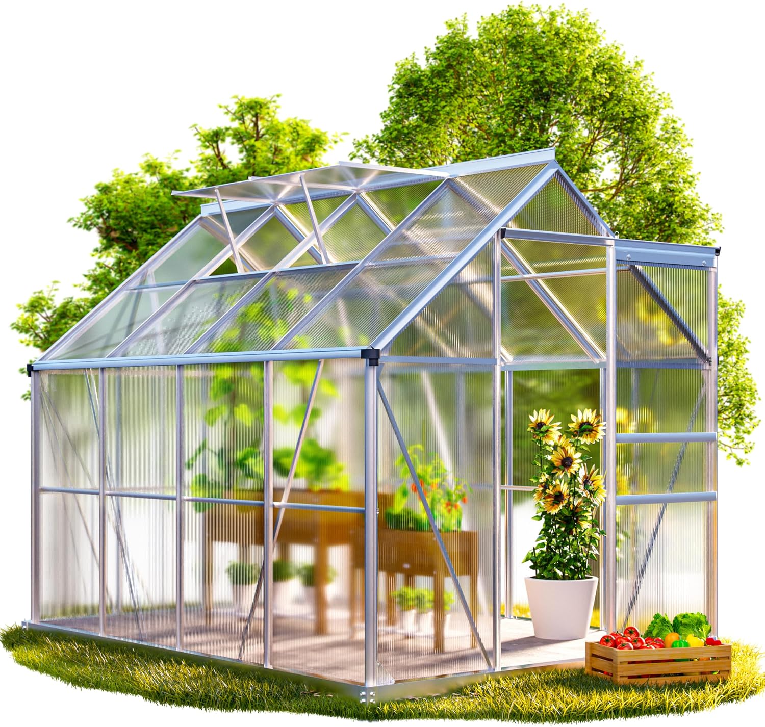 GARDEBRUK® 6x8ft Polycarbonate Greenhouse With Foundation | 4.8m² | Aluminium Frame | Galvanised Base | Slide Door & 2 Windows | Gifts for Womes & Gifts for Men | Grow House for Vegetables