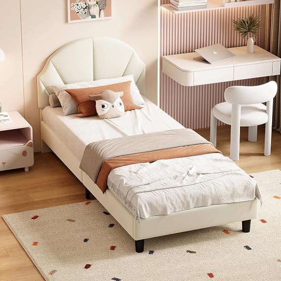 3ft Single Bed Frame with Height Adjustable Headboard,Velvet-Beige