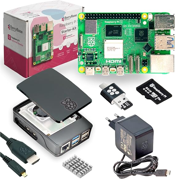 BerryBase Raspberry Pi 5 Starter Kit (1GB RAM) - Official Bundle with Case Power Supply 27W MicroSD (Pre-Installed with Raspberry Pi OS) HDMI Cable Card Reader & Gift Box