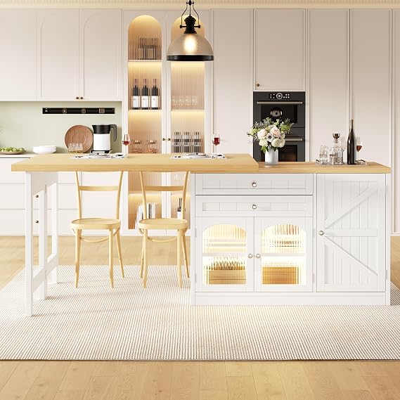 Bar Table with Drawer & Snack Shelves, Extendable Kitchen Island