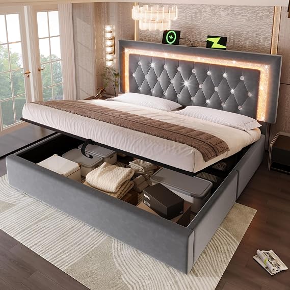 Upholstered Super King Size Bed 180x200 cm, 6ft Hydraulic Storage Bed with LED Lighting, USB Type-C Charging, Adjustable Diamond Tufted Headboard, Velvet Double Bed Frame with Slatted Frame,Grey