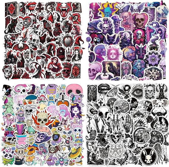 Gothic Stickers 200 Pcs Cool Skull Stickers for Teens Adults Waterproof Vinyl Horror Sticker for Kindle Laptop Water Bottle Car Phone Skateboard Luggage (4 Pack)