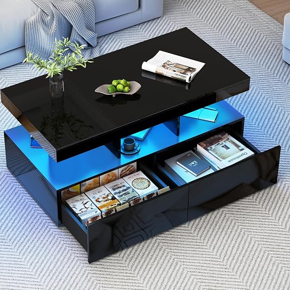 Coffee Table with LED, High Gloss Black Coffee Table with 2 Drawers, Open Shelf and 2 Tier Storage, Modern Rectangular Centre Table for Living Room, Bedroom or Office, 104x53x46 cm