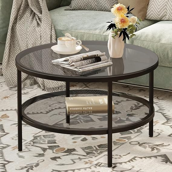 Yusong Round Glass Coffee Tables for Living Room, 2-Tier Circle Coffee Table with Storage, 66 CM Modern Center Accent Table with Light Black Glass, Small End Table for Small Space, Bedroom