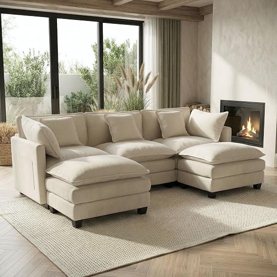 GRAVFORCE 239cm U Shaped Sofa with Movable Ottoman Footstool Chenille Beige