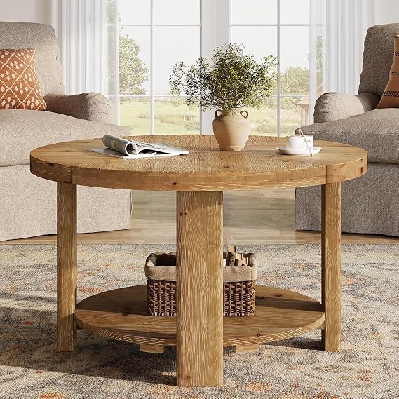 Round Coffee Table, 31.5" Farmhouse Solid Wood Coffee Table with Storage, 2-Tier Boho Circle Center Accent Furniture for Living Room, Natural Brown