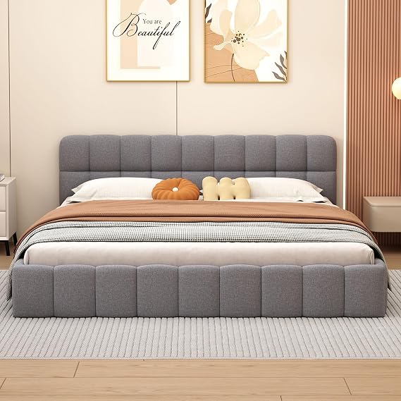 Upholstered Bed 140 x 190 cm Double Bed 140 x 190 cm with Slatted Frame Bubble Bed Frame Youth Bed with Padded Headboard Linen Without Mattress (Grey 140 x 190)