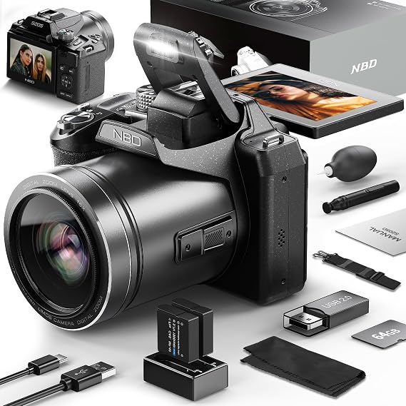 Camera QCY 64MP Digital Camera Photo Camera and Video 5K Vlog Camera with 3 Inch Flip Screen 16X Digital Zoom WiFi & Auto Focus Camera Strap & Tripod 2 Batteries 32GB TF Card