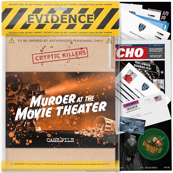 Unsolved murder mystery game - Cold Case Files Investigation - Detective clues / evidence - Solve the crime - Individuals, date nights & party groups - "Murder at the Movie Theater" by CRYPTIC KILLERS