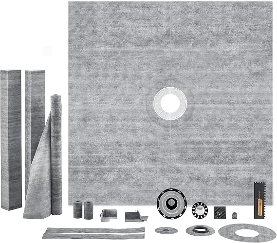 VEVOR Shower Curb Kit, 1828x1828mm Shower Pan Kit with 50.8mm ABS Central Flange, 101.6mm Stainless Steel Grate, Waterproof Shower Curb & Membrane & Strip, Shower Pan Slope Sticks Fit for Bathroom