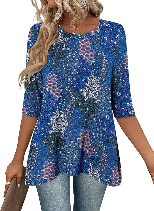 KISSMODA Womens 3/4 Long Sleeve Tunic Tops Round Neck Flowy Longline Blouse