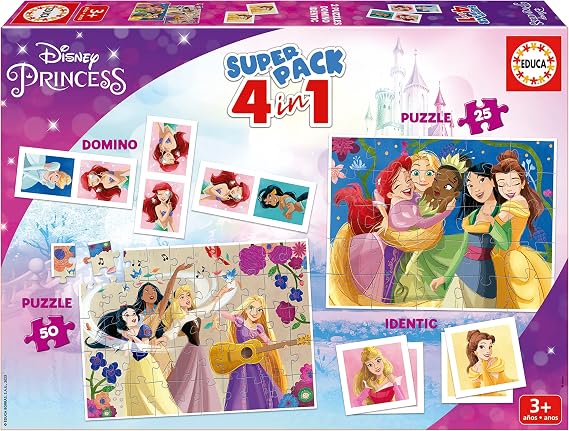 Educa - Superpack Disney Princesses 4 in 1 | Puzzle, Girl Table Game | 2 Puzzles 25 and 50 Pieces, Dominos, Memory Identic | Gift Girl 3 4 5 Years (19683)