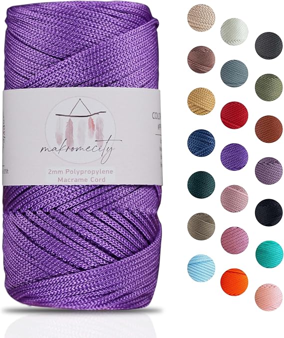 Makromecity, polyester macramé cord 2 mm x 125 m (115 m) 2 mm polypropylene purple macramé cord crocheted macramé bag cord craft for wall hangings, bags, coaster, rug