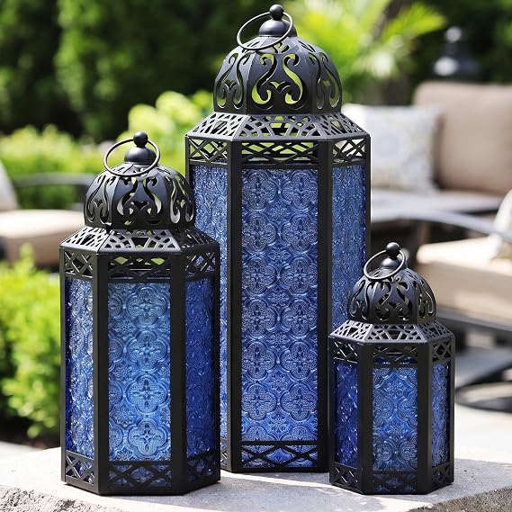 VELA LANTERNS Moroccan Candle Lantern Decorative Set of 3 for Floor, Ramadan Decorations, Indoor Home Decor, Outdoor Patio or Porch, Weddings, Cobalt