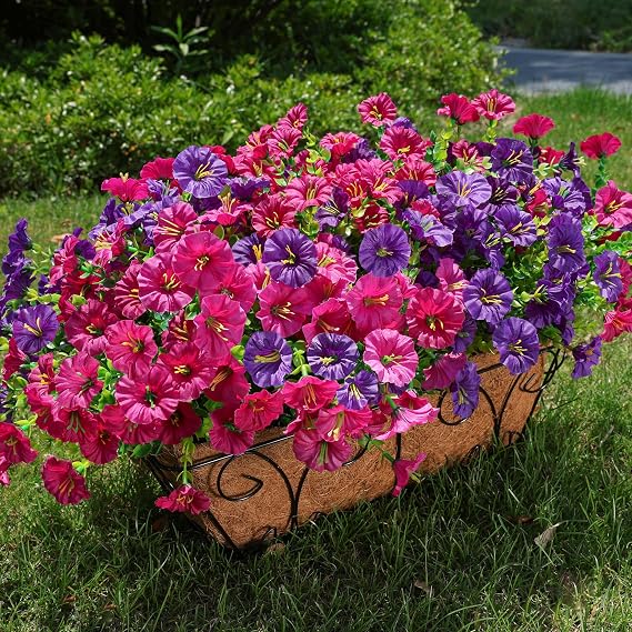 HyeFlora Artificial Flowers for Outdoors Fake Plants Outside Decoration, 12 Bundles Silk Colorful Morning Glory with Eucalyptus UV Resistant Realistic Faux Flowers for Planter Porch Patio Yard Garden