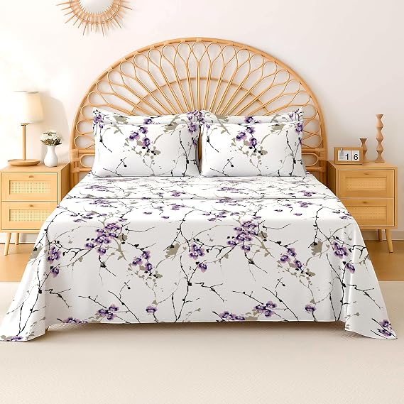 Egyptian Cotton Flat Sheet Double Bed, 400TC Cooling Soft Fabric, Premium Floral Flower Print Top Sheet, Luxury Bed Sheet for Double Size - Exotic Lilac