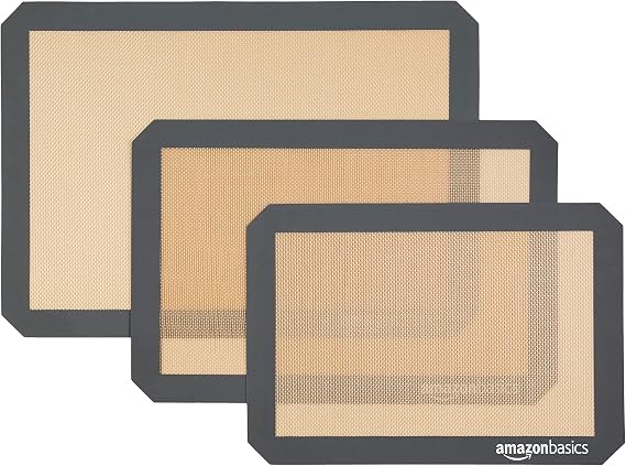 Amazon Basics Rectangular Silicone Baking Mat, Set of 3, Brown, Black, 23cm x 33cm, 25cm x 29.5cm, 29.5cm x 37.5cm