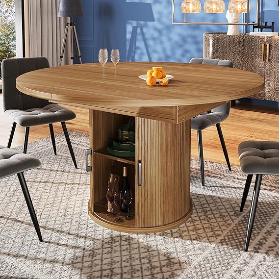 Merax Extendable Round Dining Table 118-158×118x76.8cm, Oval Kitchen Dining Room Table, with Storage, walnut grain finish, for 6 People, for Home & Living Room, walnut