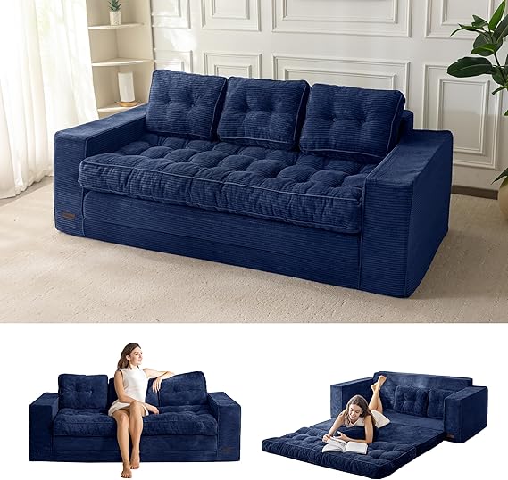 MAXYOYO Sofa Bed, 3 Seater Pull Out Sleeper Sofa with 2 Pillows, 2 in 1 Comfy Corduroy Convertable 3 Seater Couch,Folding Couch Bed 190x85CM, 15cm Thincken Mattress for Living Room