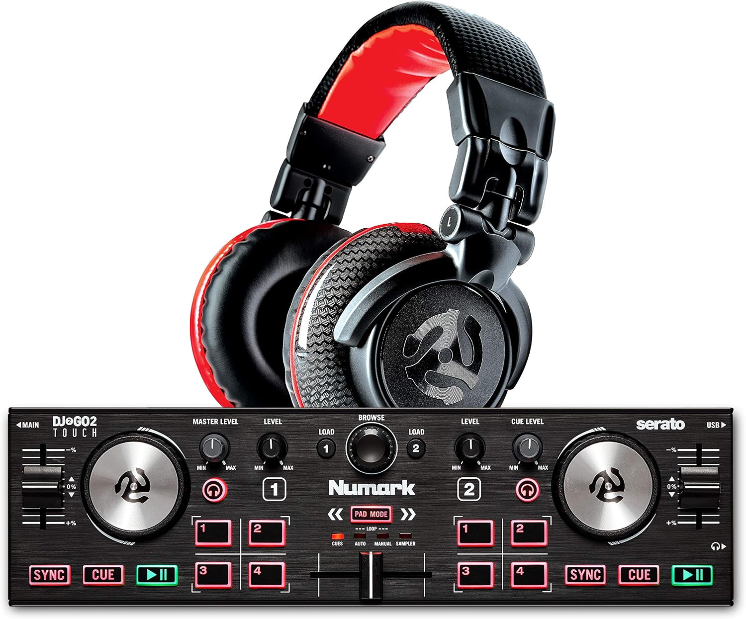 DJ Controller & DMX Bundle - DJ Controller with 2 Decks, DMX Interface & Serato DJ Lite – Numark DJ2GO2 Touch & SoundSwitch Micro DMX Interface