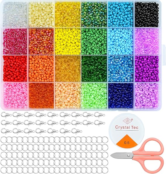 JTOOYS 3 mm 12000 adet cam boncuk seti, mini cam boncuklar, kendin yap bileklik, takı yapımı için, takı yapımı için, boncuk yapımı için 24 ızgaralı saklama kutusu, boncuk dizmek için boncuk ipi yapma seti