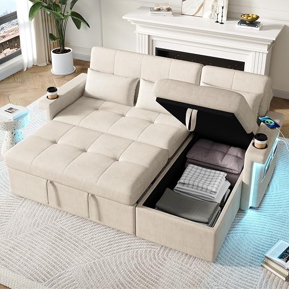 Merax L-Shaped Corner Sofa Bed with Storage, 3 Seater Convertible Sofa with LED & USB Ports, Adjustable Backrest with Cushions, Cup Holders, Space-Saving Sectional Sofa for the Living Room, Beige