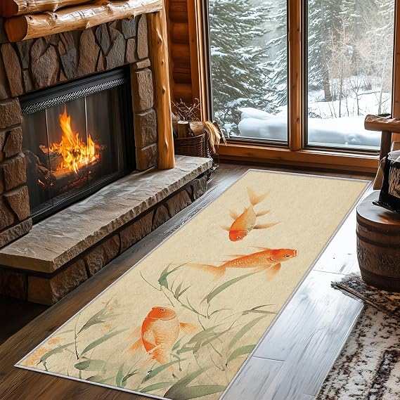 Koi Runner Rug for Hallway 160x220cm(5.2×7.2ft) Washable Bamboo Leaves Goldfish Pattern Asian Japanese Art Non-Slip Floor Mat for Kitchen Bedroom Laundry Living Room Bathroom Carpet