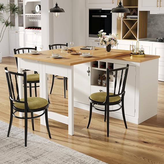 Extendable Sideboard & Table Combo, 120-197cm Adjustable Dining Table, Kitchen Island Cabinet with 3 Drawers & Snack Racks, Space Saving Storage Cupboard for Small Flat,White