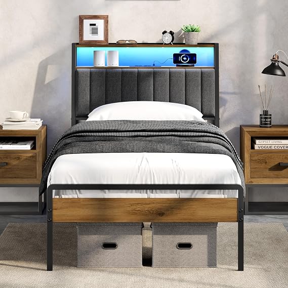 Yaheetech Single Bed Frame 90 x 200 cm with Upholstered Headboard