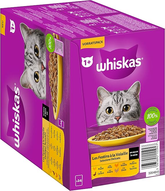 Whiskas 1+ Cat Food Poultry Selection in Sauce 24 x 85 g (1 Pack) - High Quality Wet Food for Adult Cats in 24 Portion Bags