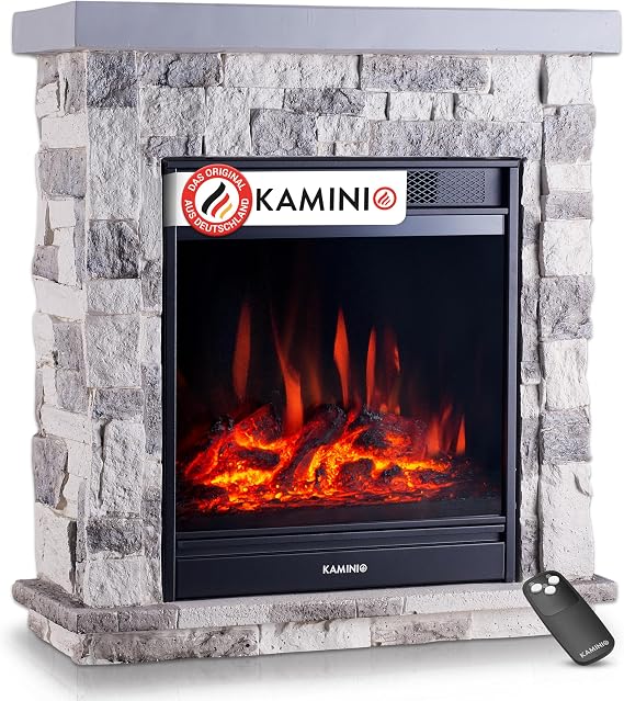 KAMINIO Juan Electric Fireplace in Stone Look with Heating 3D Flame Effect Remote Control (Grey)