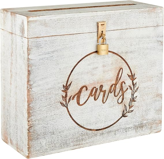 Wedding Card Box with Card Slot and Lock 12"X10"X4.5"- Gift Wishing Well Card Box for Weddings, Receptions, Birthdays, Graduation Day, Baby Showers, Honeymoon Funds WBKH (White)