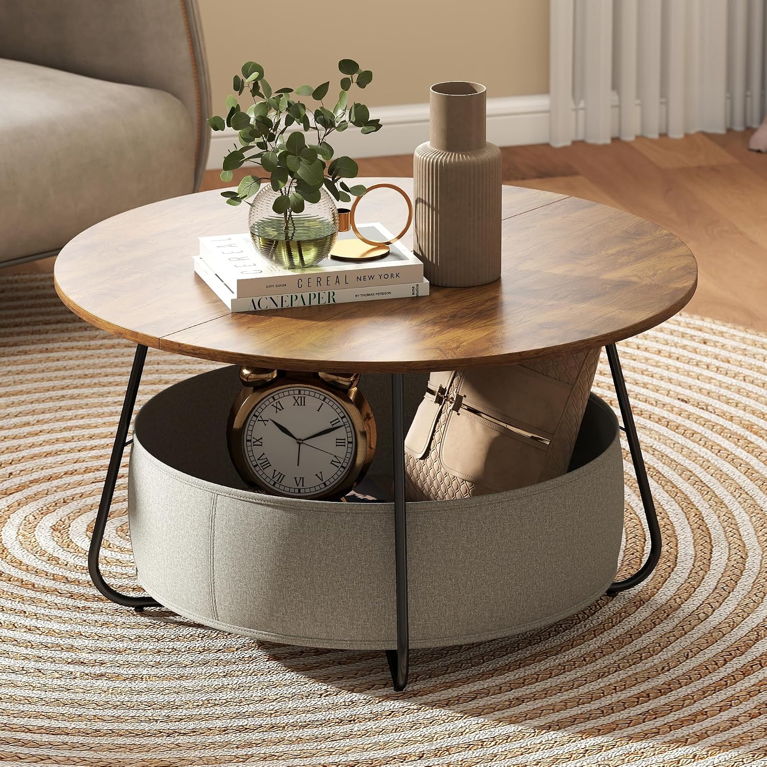 Manora Round Coffee Table with Storage Fabric Basket- Modern Wooden Coffee Table for Living Room, 80x80x45cm Rustic Brown with Space-Saving Sofa Side Table (Brown)