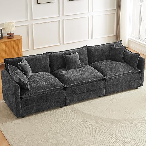 JIEXI Modular Corner Sofa Sectional, Oversized Deep Seat Fabric Couch with Moveable Ottoman, Reversible L-Shape/U-Shape Configurations, Modern Living Room Sofa Set (Grey 285cm)
