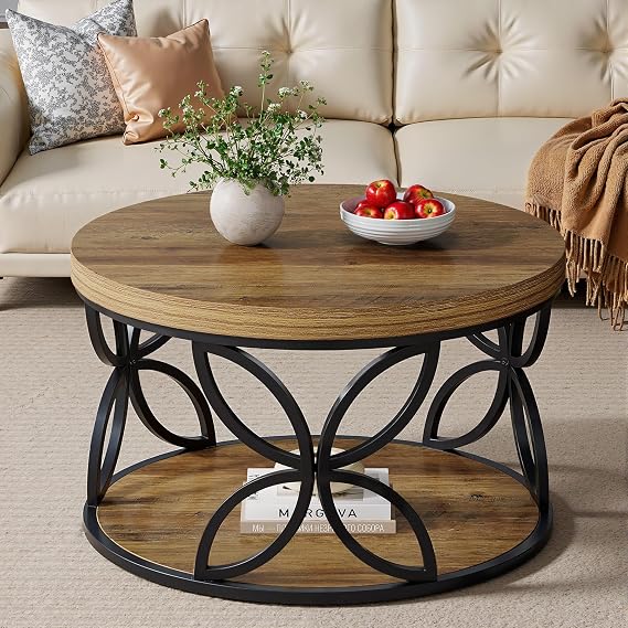 Tribesigns Round Coffee Table with Storage, 2 Tier Round Coffee Table for Living Room, 80cm Wooden Coffee Table with Open Shelf, Rustic Brown Centre Table with Black Metal Frame for Small Spaces