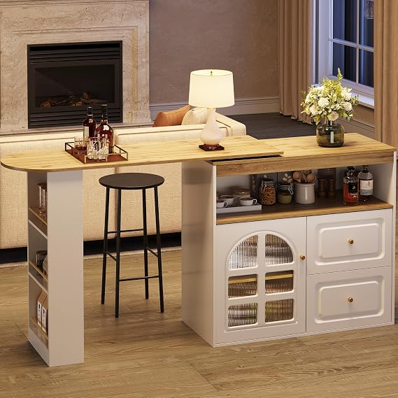 Extendable Bar Tables, Kitchen Island with Breakfast Bar, Rotating Sideboard with Storage Compartment, Dining Table with 2 Drawers and Snack Shelf for Living &Dining Room, White