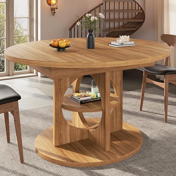 Extendable Dining Table, Round to Oval Dining Table 110-150cm, Seats 4-8 People, Wooden Kitchen Table for Dining Room, Living Room & Balcony, Dark Brown