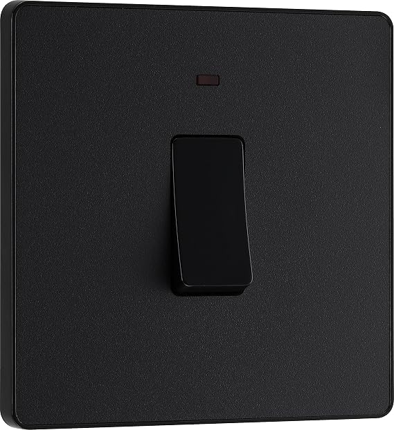 BG Electrical Single Wall Switch with LED Power Indicator, Double Pole, Screwless Front Plate, Round Edges, Evolve, Matt Black, 20A, PCDMB31B