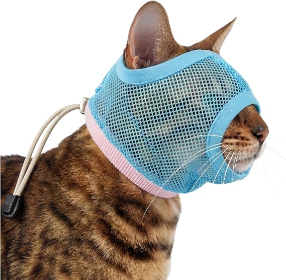 Pumyporeity 2パック ソフト キャットヘッドカバー、通気性メッシュ 落ち着いたマズル、調節可能なフィット感、グルーミング、ネイルトリミング、入浴、獣医訪問中の猫のための噛み付き防止保護、m、ブルー