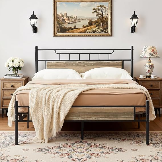 VECELO 4ft6 Double Bed Frame with Wooden Headboard, 135x190 cm Metal Platform, Heavy Duty Metal Slats Support, Mattress Base No Box Spring Needed, No Noise, Easy Assembly