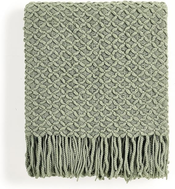 CREVENT Farmhouse Boho Knitted Throw Blanket for Couch Sofa Chair Bed Home Decoration, Soft Warm Cozy Light Weight for Spring Summer Fall (127cmX152cm Sage Green)