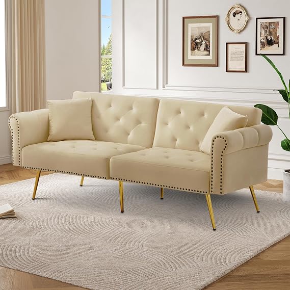 BTM Modern 2 Seater Sofa Bed Velvet Convertible Folding Sofa Bed Double for Small Spaces Sleeper Couch for Living Room Beige