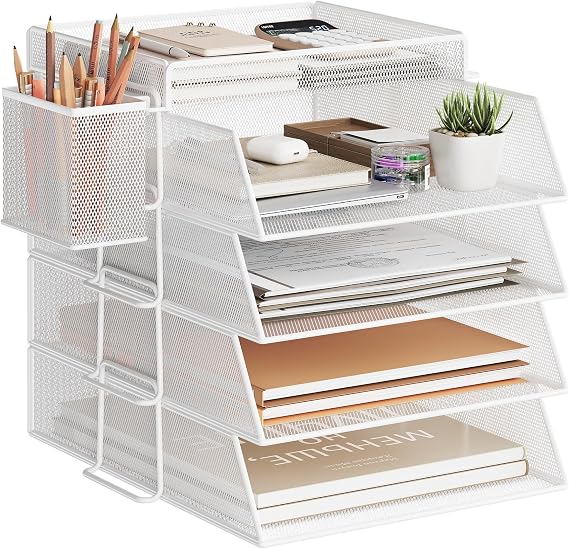 4 Tier Stackable Letter Tray for Office Tidy, Desk Paper Organizer File Trays for Office Desk Accessories, Paper Letter Accessories with Pen Holder - White