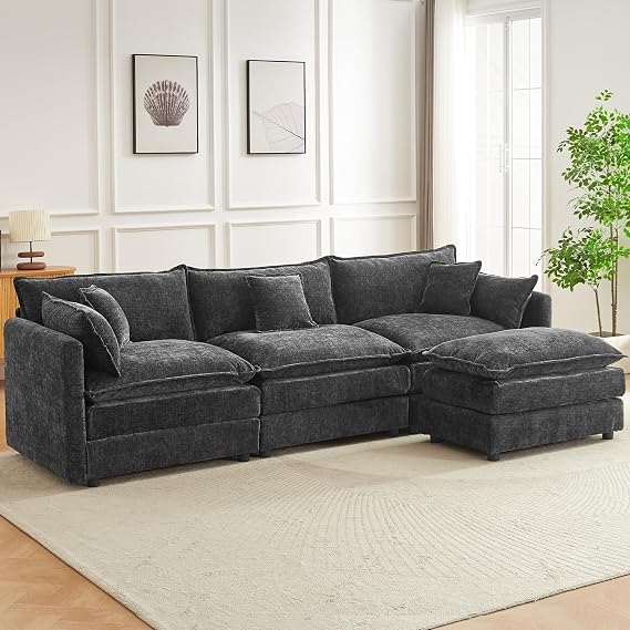 JIEXI Modular Corner Sofa Sectional, Oversized Deep Seat Fabric Couch with Moveable Ottoman, Reversible L-Shape/U-Shape Configurations, Modern Living Room Sofa Set (Grey 285CM - L-shaped)