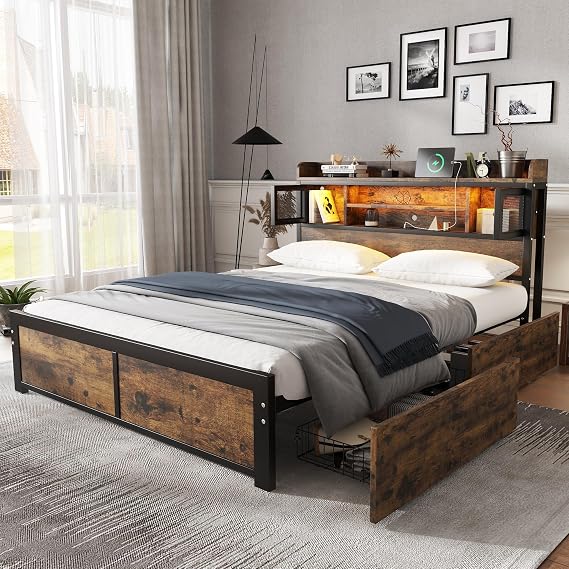 Merax Double bed frame, 4ft6 double Metal Bed with 2 Storage Drawers, LED light strip, 3 USB charge port, Headboard storage function, for adults & teenagers(No Mattress), Black+Walnut/135CM*190CM