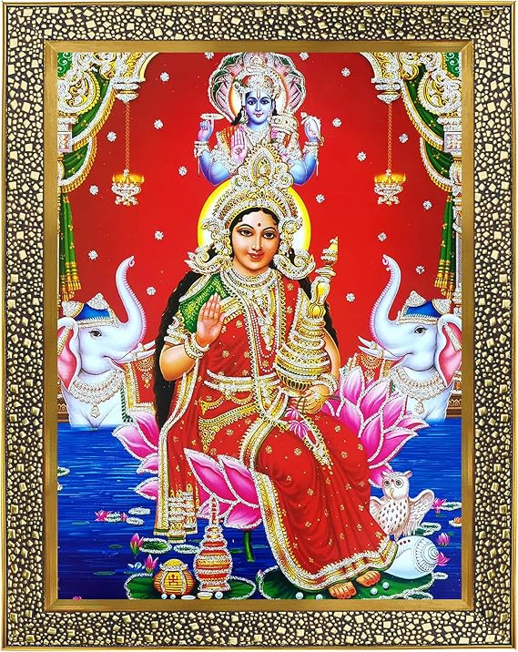 Laxmi / lakshmi / mahalaxmi ji Giving blessing on lotus Photo Frame with Unbreakable Glass for Wall Hanging/Gift/Temple/puja Room/Home Decor and worship