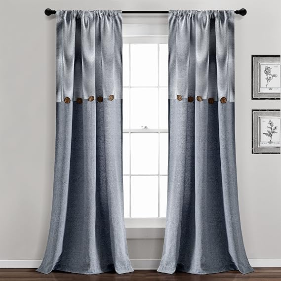 Lush Decor Çiftlik Evi Düğme Çizgili İplik Boyalı Dokuma Pamuk Pencere Perdesi Panel Çifti, 213 cm U x 101 cm G, Lacivert