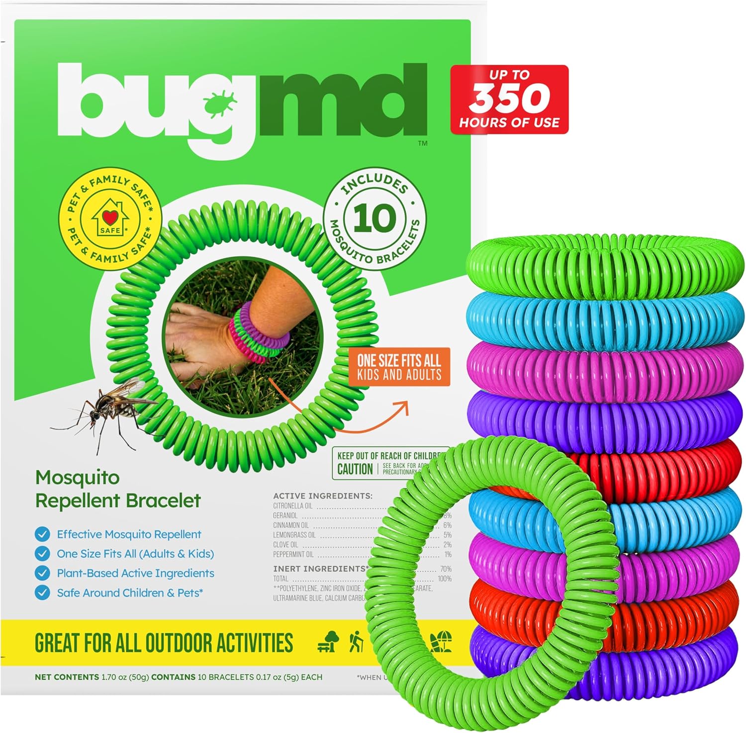 BugMD 10 Pack Mosquito Bracelets, DEET-Free Bands for Adults & Kids, Natural & Waterproof Citronella Wristbands for Camping, Hiking, Beach, Travel & Outdoor Essentials